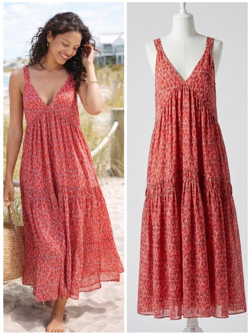 Joie Bondi Red Tea Rose Floral Tiered Cotton Maxi Dress Sleeveless Size Large